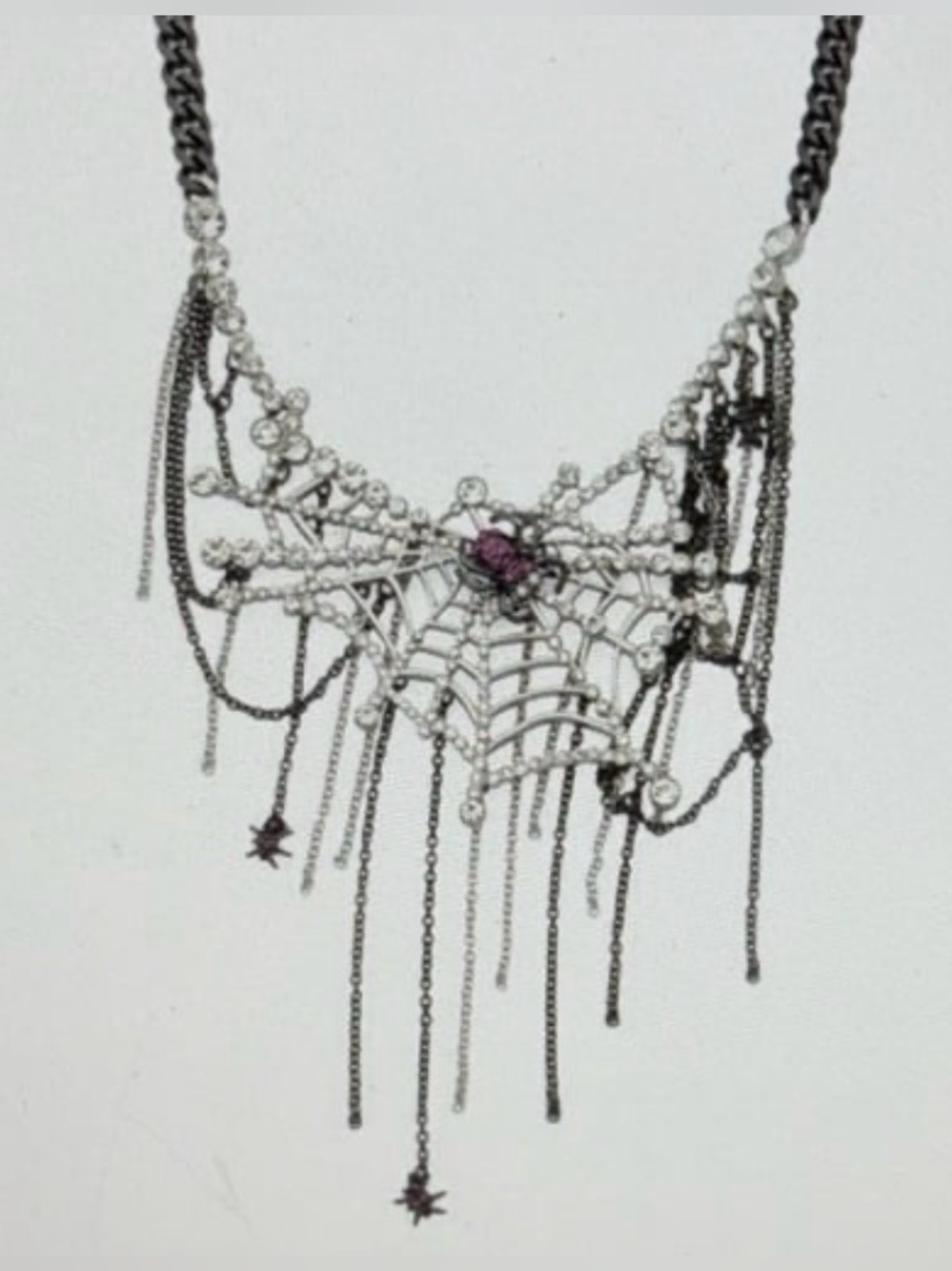 BETSEY JOHNSON Halloween Crystal-Studded Web with Dangling Spiders Necklace NWT - Picture 4 of 16